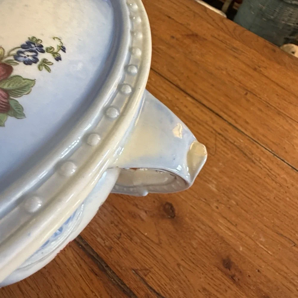 Arnel's Chamber Pot Roses Vintage Blue Painted Roses Floral Embossed Made In USA